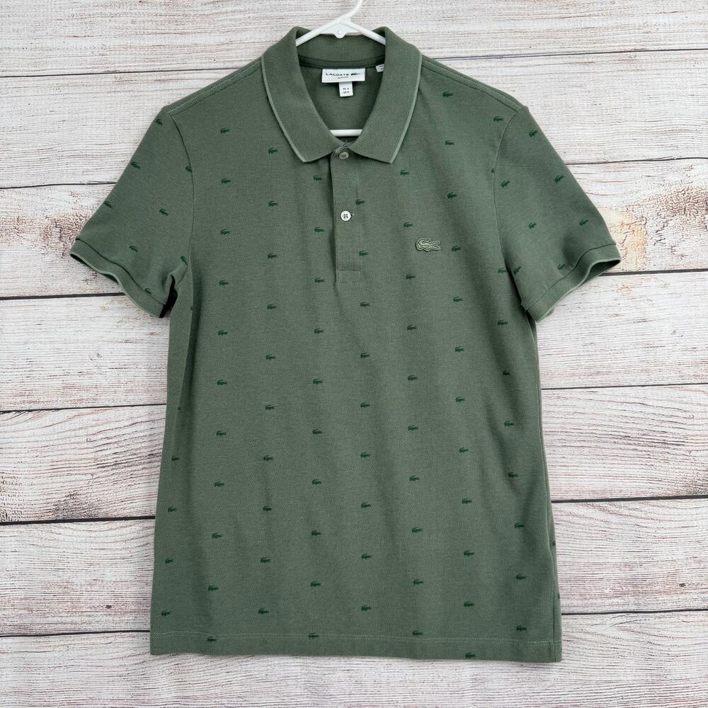 LaCoste Crocodile Print Slim Fit Polo Shirt Mens Medium Green Stretch